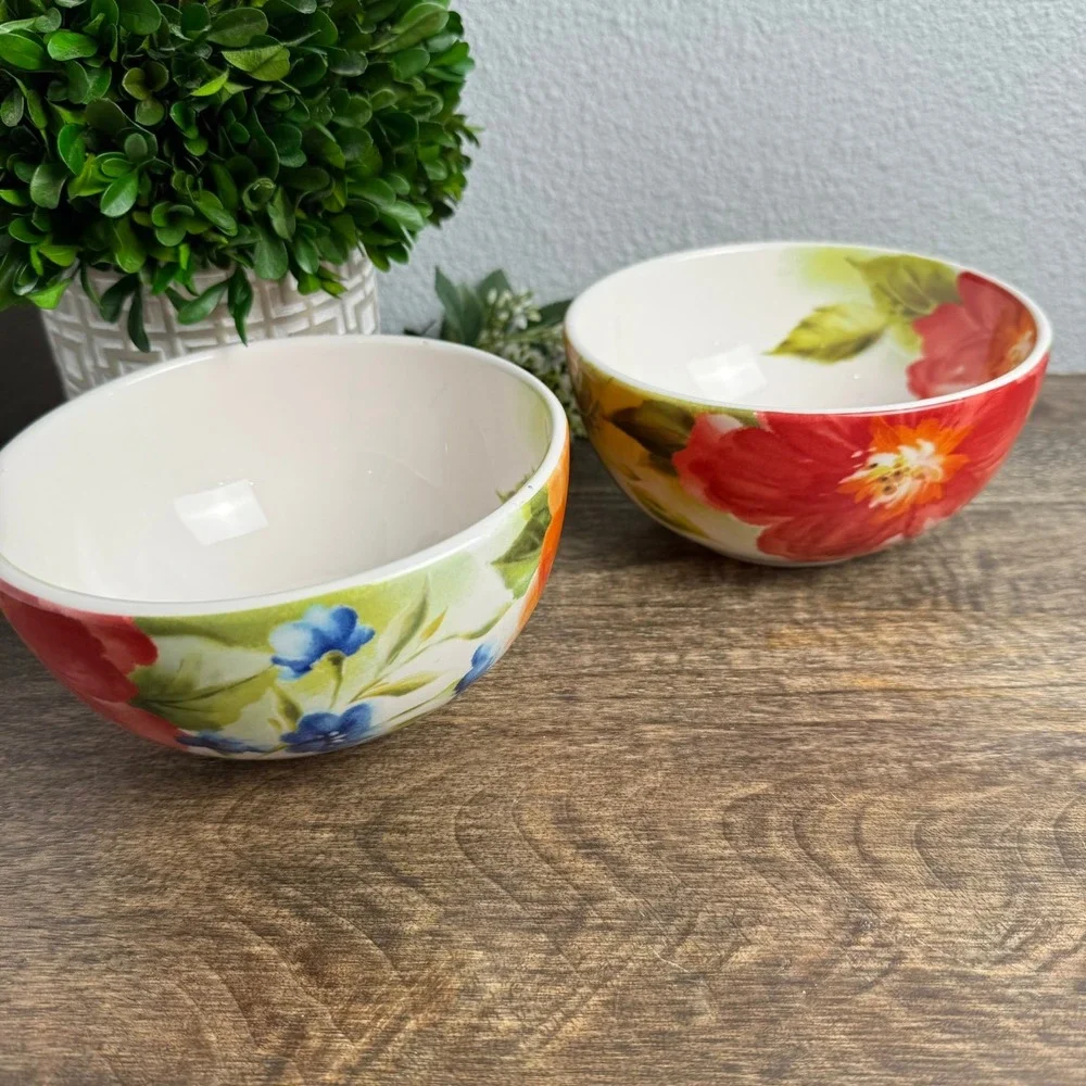 Pier 1 Amelia Floral Ironstone Bowls Set of 2 Colorful Cottage Kitchen 6